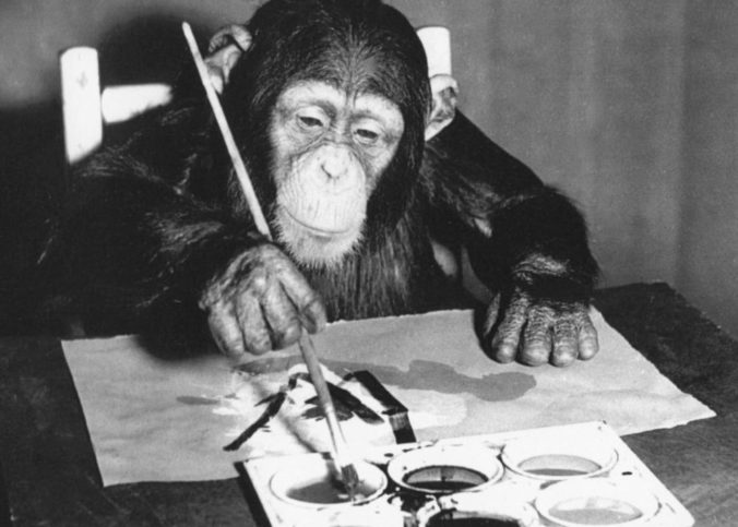 Le chimpanzé Congo réalisant l'une de ses 400 peintures